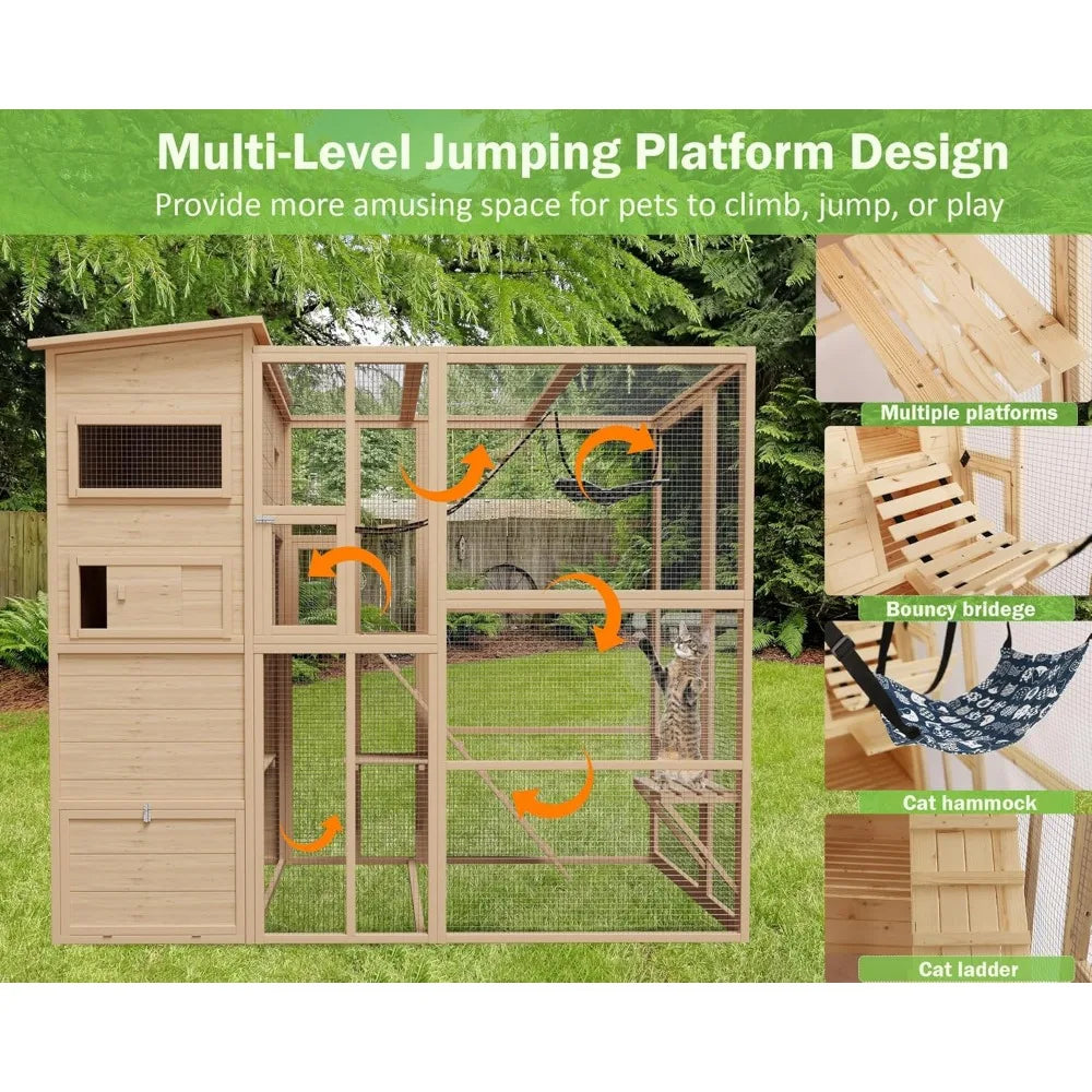 Wooden Catio Outdoor Cat House, Large Cat Enclosure Indoor Playpen for Multiple Cats, Cat Cage for Patio Garden with Waterproof