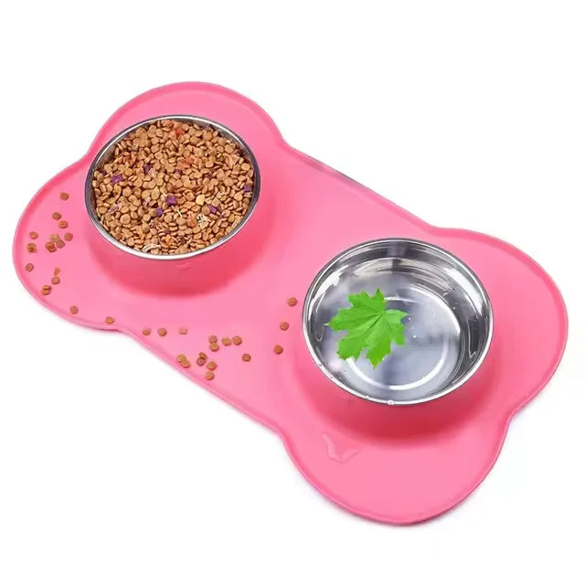 Non-Slip Double Dog Bowl Set – Stainless Steel with Silicone Mat Feeder