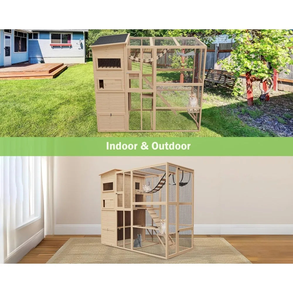 Wooden Catio Outdoor Cat House, Large Cat Enclosure Indoor Playpen for Multiple Cats, Cat Cage for Patio Garden with Waterproof