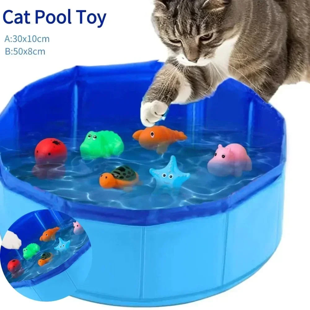 Foldable Pet Water Play Pool with Fun Turtle, Starfish & Octopus Toys for Cats and Dogs - Summer Cooling Bath Basin