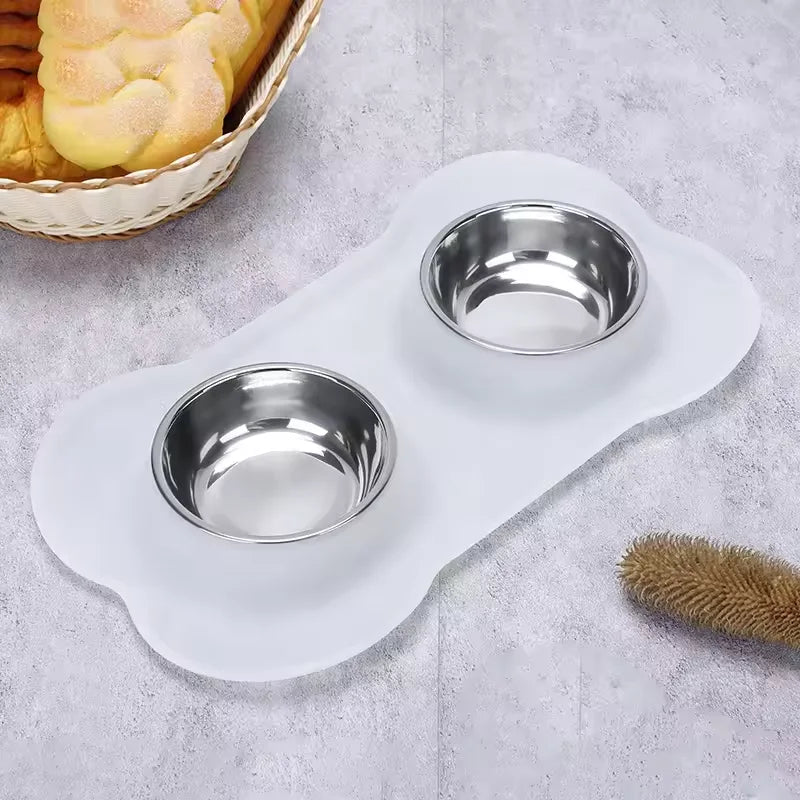 Non-Slip Double Dog Bowl Set – Stainless Steel with Silicone Mat Feeder