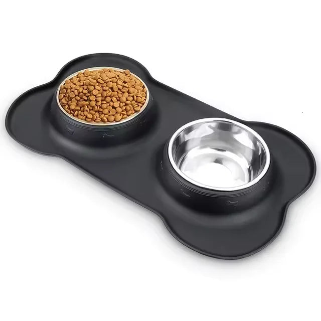 Non-Slip Double Dog Bowl Set – Stainless Steel with Silicone Mat Feeder