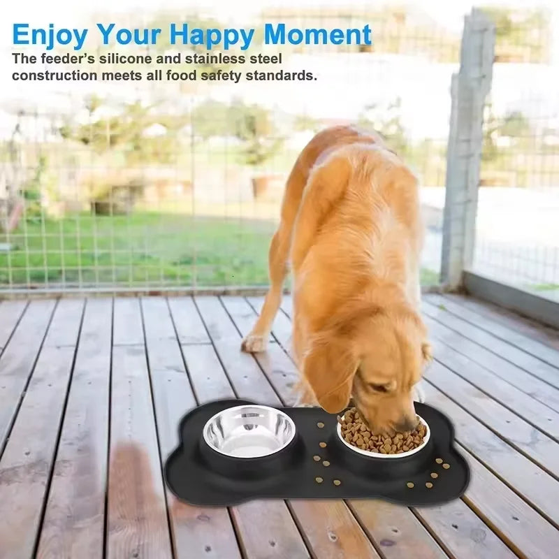 Non-Slip Double Dog Bowl Set – Stainless Steel with Silicone Mat Feeder