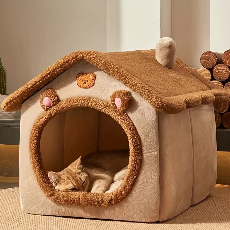 Cozy Cat Cottage - Soft, Warm, Removable, Comfortable Polyester Pet Bed House for Cats and Small Dogs - Perfect Winter Nest
