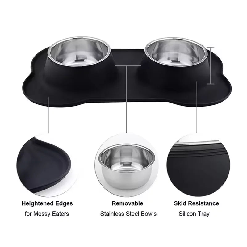 Non-Slip Double Dog Bowl Set – Stainless Steel with Silicone Mat Feeder