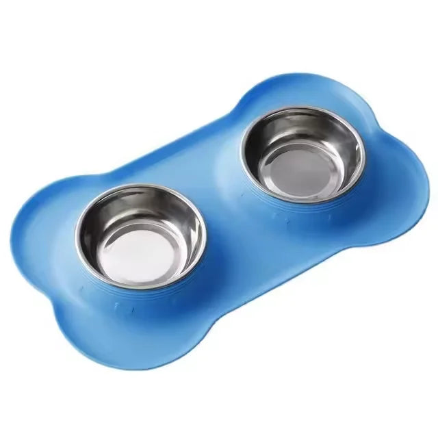 Non-Slip Double Dog Bowl Set – Stainless Steel with Silicone Mat Feeder