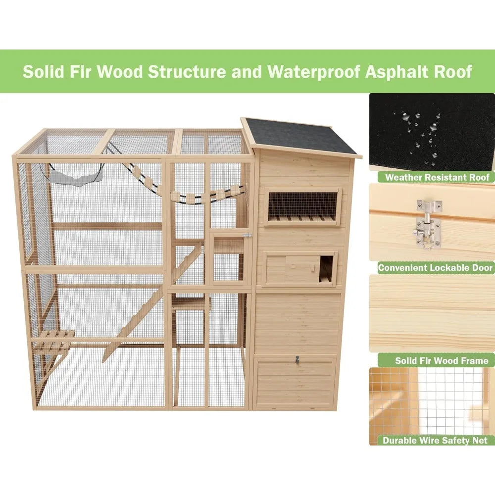 Wooden Catio Outdoor Cat House, Large Cat Enclosure Indoor Playpen for Multiple Cats, Cat Cage for Patio Garden with Waterproof