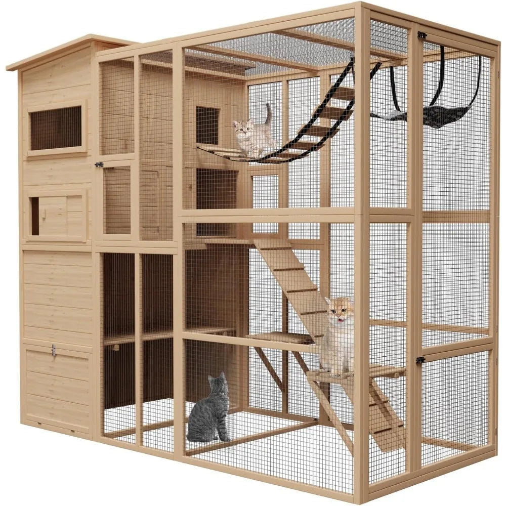 Wooden Catio Outdoor Cat House, Large Cat Enclosure Indoor Playpen for Multiple Cats, Cat Cage for Patio Garden with Waterproof