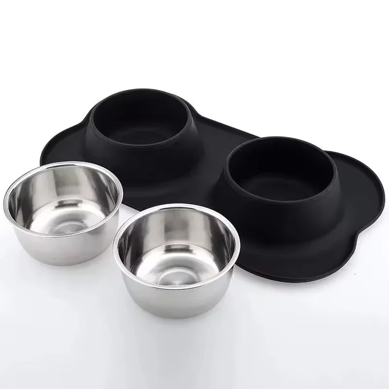Non-Slip Double Dog Bowl Set – Stainless Steel with Silicone Mat Feeder